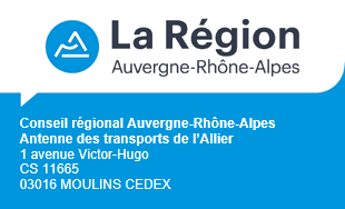 Logo et adresse de l'antenne des transports de l'Allier de la Région Auvergne-Rhône-Alpes. Cliquez pour accéder au site Internet de la Région Auvergne-Rhône-Alpes.